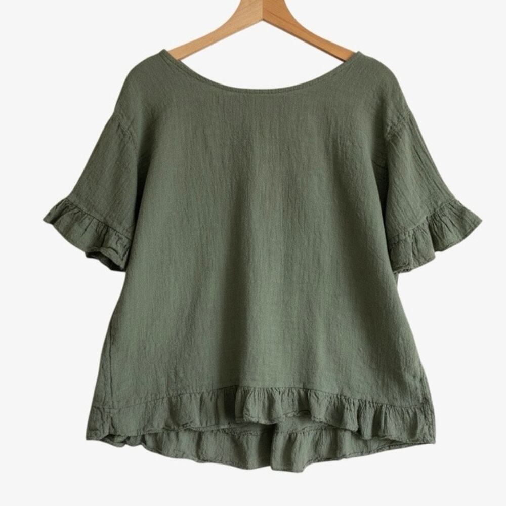 Diverse Olive Green Ruffle Trim Blouse